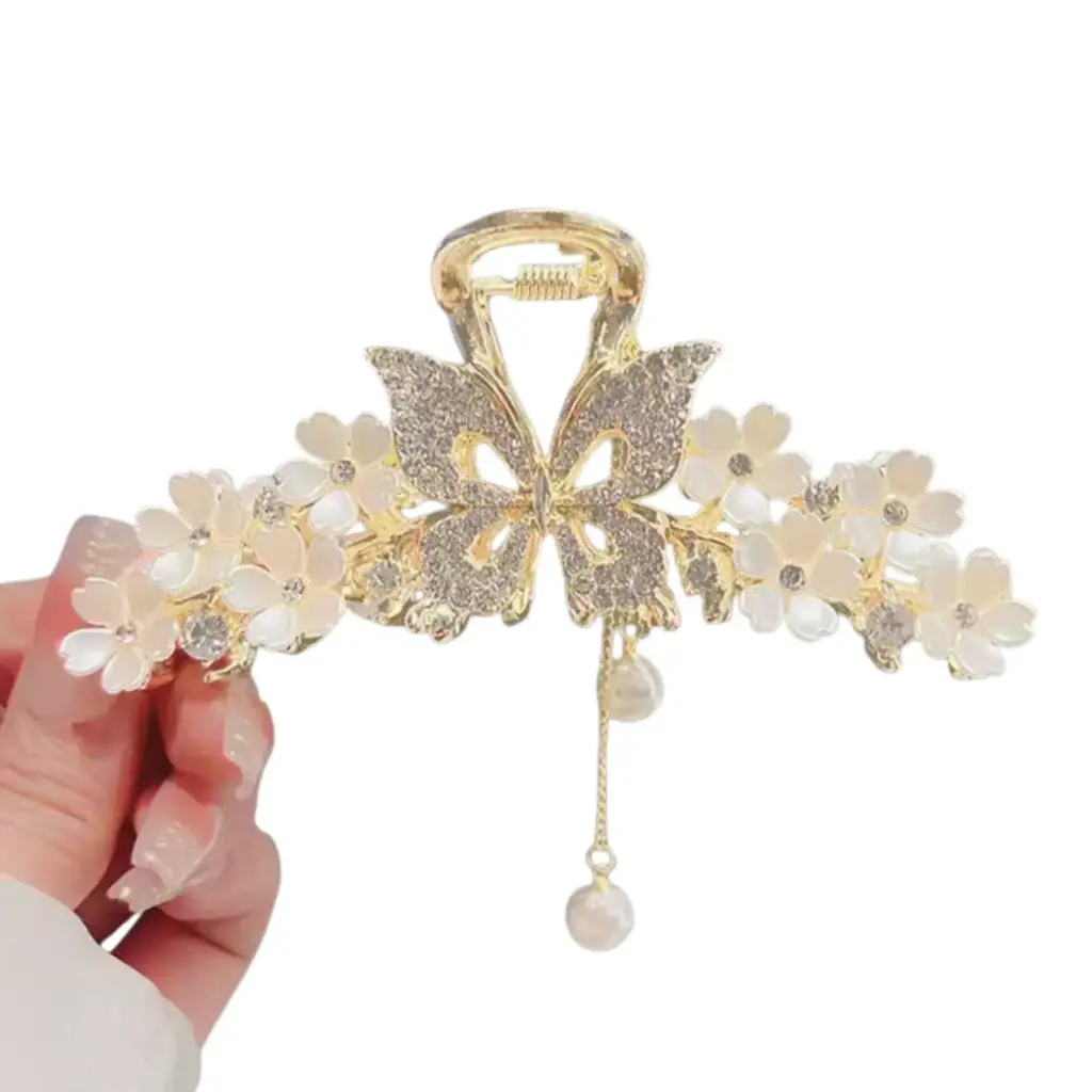 Butterfly hair clip with rhinestone flowers and pearl charm
