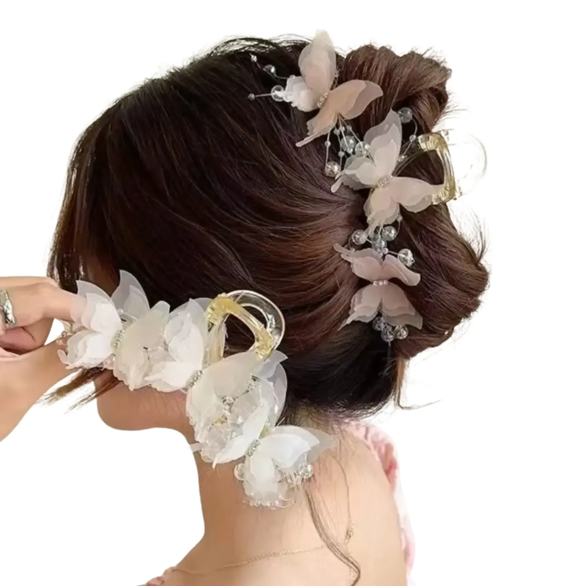 Pince à cheveux papillon transparente ornée de perles et strass